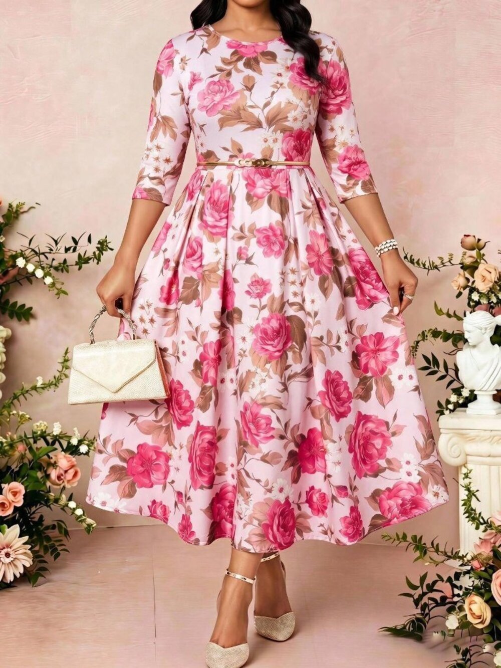 Multicolor Boho Women's Plus Size Floral Round Neck Short Sleeve Birthday Dress